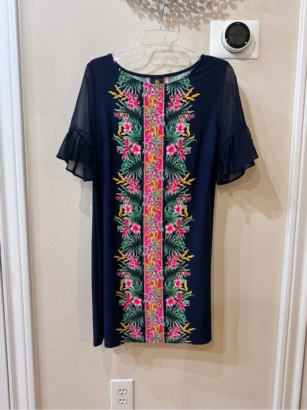 JM Collection Navy Shift Dress with Tropical Pink Floral Center Panel PM